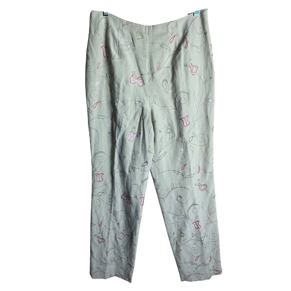 PROMINENCE‎ Women's Linen Blend Pants Beige Floral Embroidery Size 8